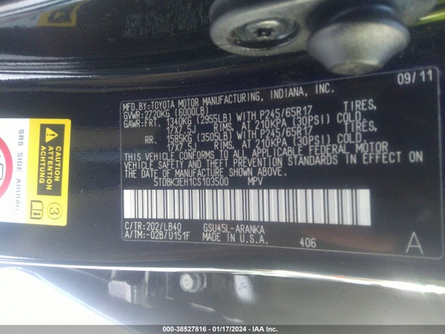 2012 TOYOTA HIGHLANDER SE V6 VIN: 5TDBK3EH1CS103500