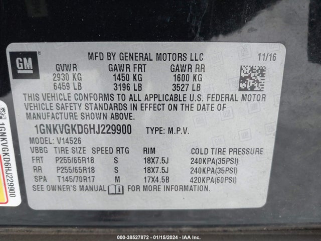 Chevrolet Traverse 1lt 2017 1GNKVGKD6HJ229900 Image 9