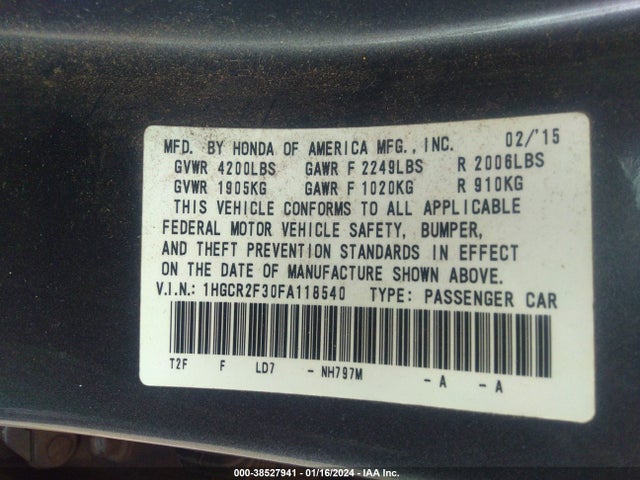 Honda ACCORD LX 2015 1HGCR2F30FA118540 Image 9