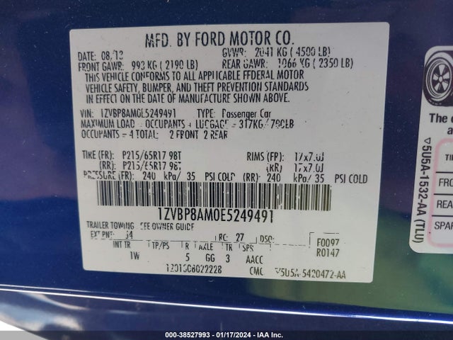 2014 FORD MUSTANG V6 VIN: 1ZVBP8AM0E5249491