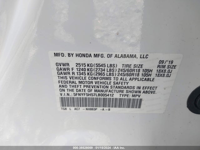 Honda Pilot 2wd Ex-l 2020 5FNYF5H57LB005412 Image 9