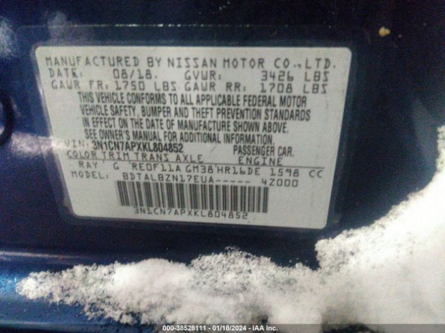 3N1CN7APXKL804852 Nissan Versa 1.6 Sv