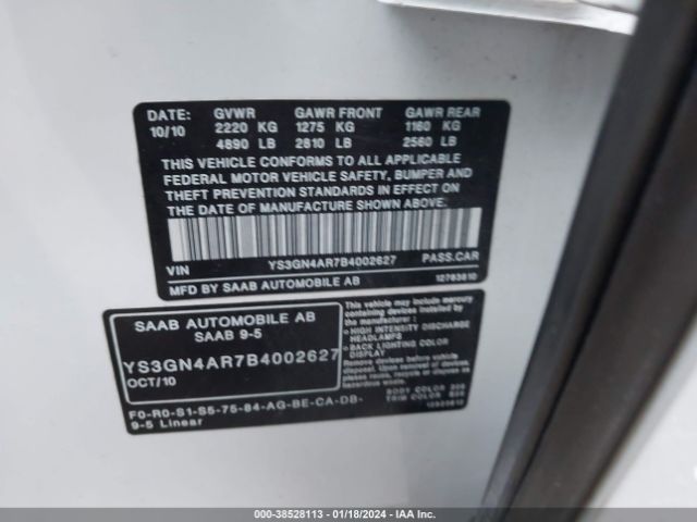 2011 SAAB 9-5 YS3GN4AR7B4002627 Photo 8