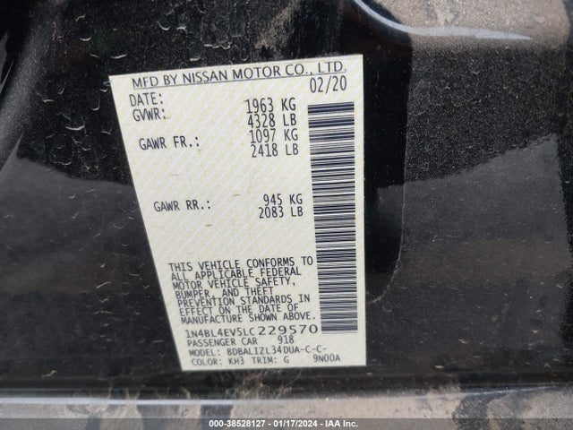 2020 Nissan Altima Sl Fwd მანქანა იყიდება აუქციონზე, vin: 1N4BL4EV5LC229570, აუქციონის ნომერი: 38528127