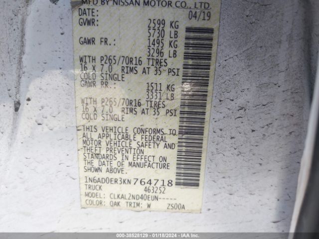 1N6AD0ER3KN764718 Nissan Frontier Sv