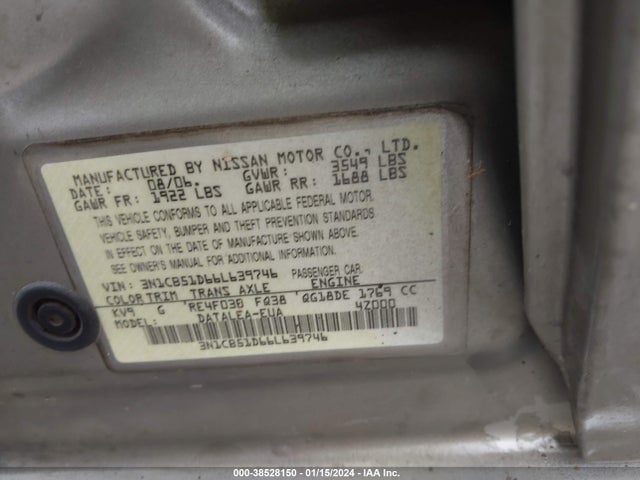 Aukcja sprzedaży 2006 Nissan Sentra 1.8s, vin: 3N1CB51D66L639746, numer aukcji: 38528150