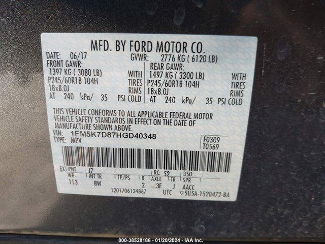 2017 FORD EXPLORER XLT VIN: 1FM5K7D87HGD40348