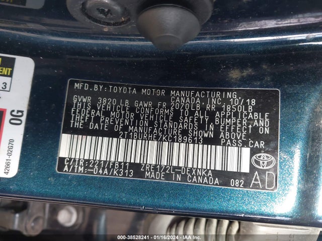 Toyota COROLLA LE 2019 2T1BURHE7KC189613 Image 9