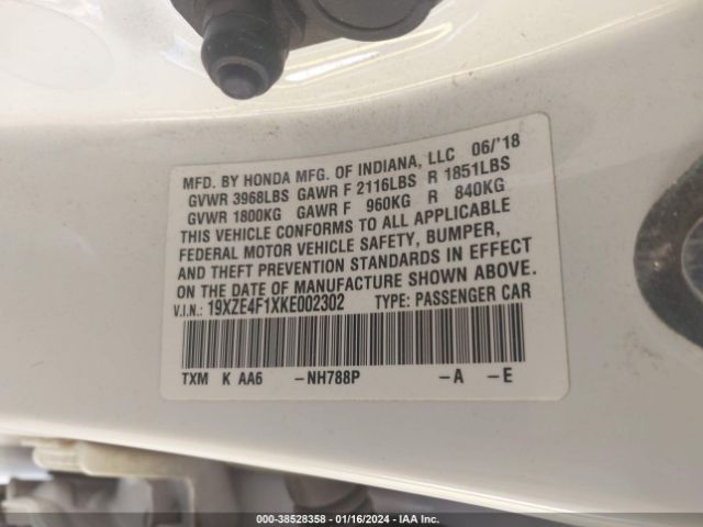 19XZE4F1XKE002302 Honda Insight Lx