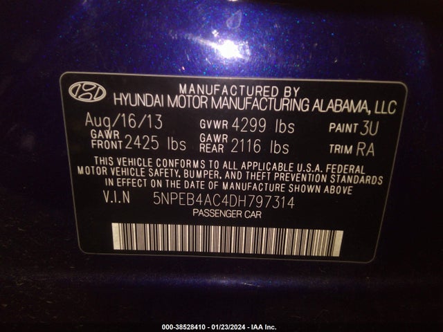 2013 HYUNDAI SONATA GLS VIN: 5NPEB4AC4DH797314
