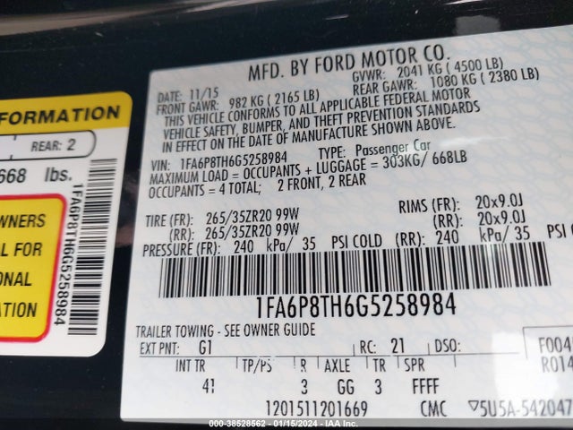 2016 FORD MUSTANG ECOBOOST VIN: 1FA6P8TH6G5258984