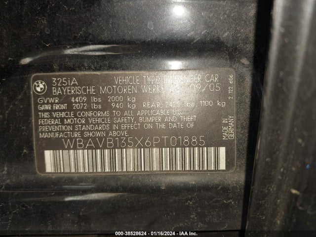 2006 BMW 325I VIN: WBAVB135X6PT01885