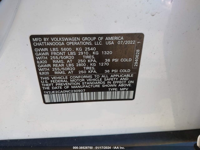 1V2JE2CA0NC230907 Volkswagen Atlas Cross Sport 3.6l V6 Se W/technology