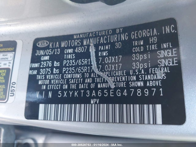 KIA SORENTO LX 2014 5XYKT3A65EG478971 Image 9