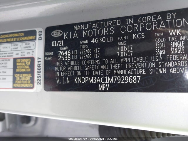 2021 KIA SPORTAGE LX VIN: KNDPM3AC1M7929687
