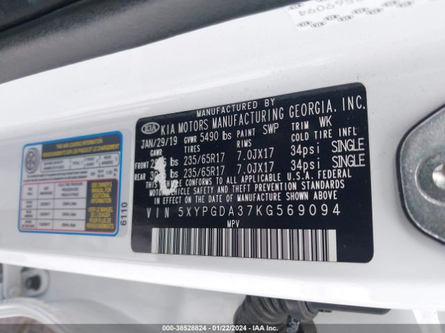 5XYPGDA37KG569094 KIA Sorento 2.4l Lx