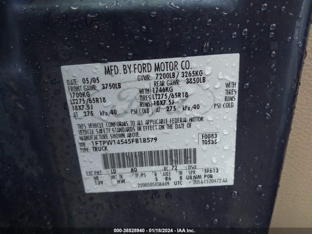 2005 FORD F-150 FX4/LARIAT/XLT VIN: 1FTPW14545FB18579