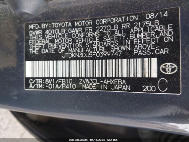 Toyota Prius Five/four/persona Series Special Edition/three/two 2015 JTDKN3DU5F0399747 Image 9