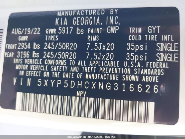 5XYP5DHCXNG316626 KIA Telluride Sx