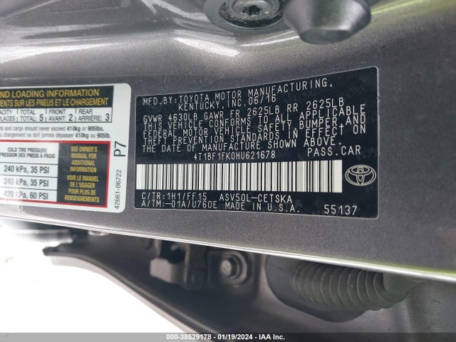 2017 TOYOTA CAMRY SE VIN: 4T1BF1FK0HU621678
