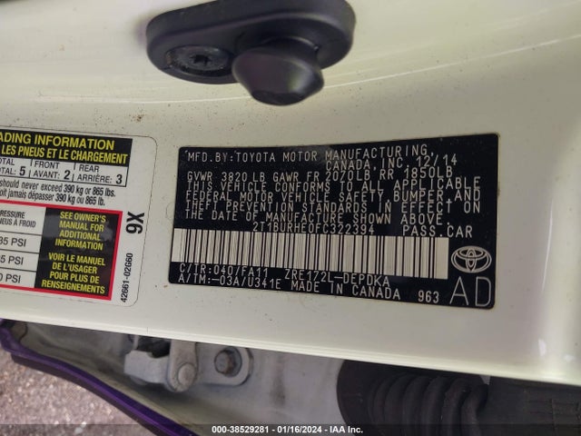 2015 TOYOTA COROLLA L VIN: 2T1BURHE0FC322394