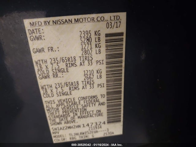 Nissan MURANO SL 2017 5N1AZ2MH2HN147324 Image 9