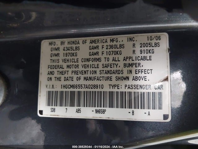 2007 HONDA ACCORD 3.0 EX VIN: 1HGCM66557A028910