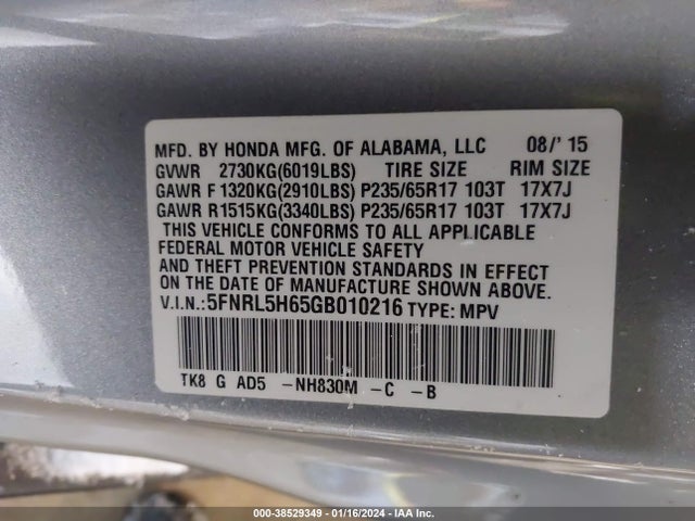 Honda Odyssey Ex-l 2016 5FNRL5H65GB010216 Image 9