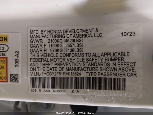1HGCY2F51RA015524 Honda Accord Hybrid Sport