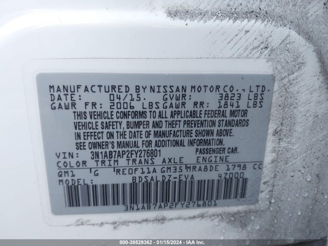 2015 NISSAN SENTRA SV VIN: 3N1AB7AP2FY276801