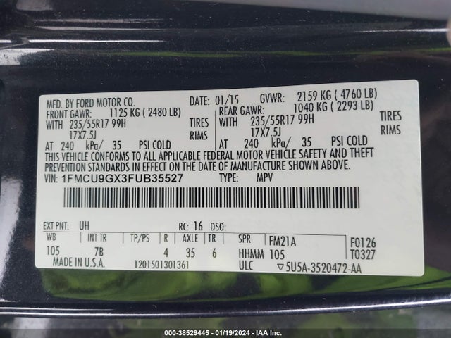 Ford ESCAPE SE 2015 1FMCU9GX3FUB35527 Image 9