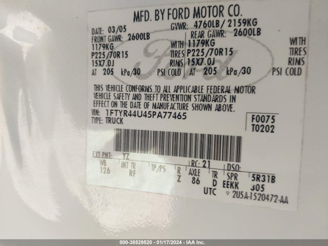 2005 FORD RANGER EDGE/STX/XLT VIN: 1FTYR44U45PA77465