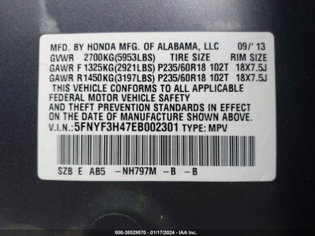 5FNYF3H47EB002301 Honda Pilot Ex