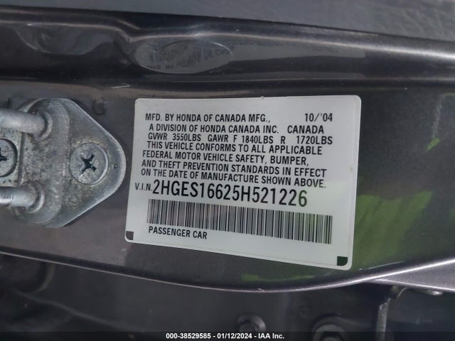 2005 HONDA CIVIC LX VIN: 2HGES16625H521226