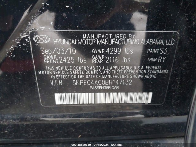 2011 HYUNDAI SONATA SE VIN: 5NPEC4AC0BH147132