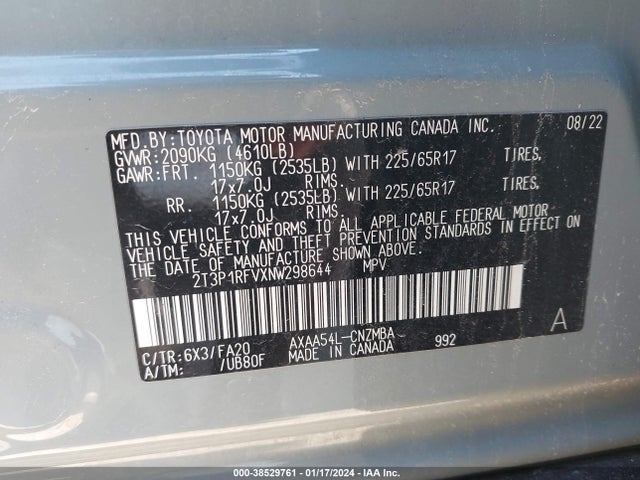 2022 TOYOTA RAV4 XLE VIN: 2T3P1RFVXNW298644