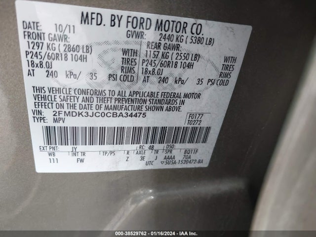 2012 FORD EDGE SEL VIN: 2FMDK3JC0CBA34475