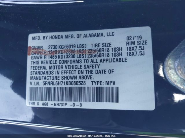 5FNRL6H71KB080528 Honda Odyssey Ex-l