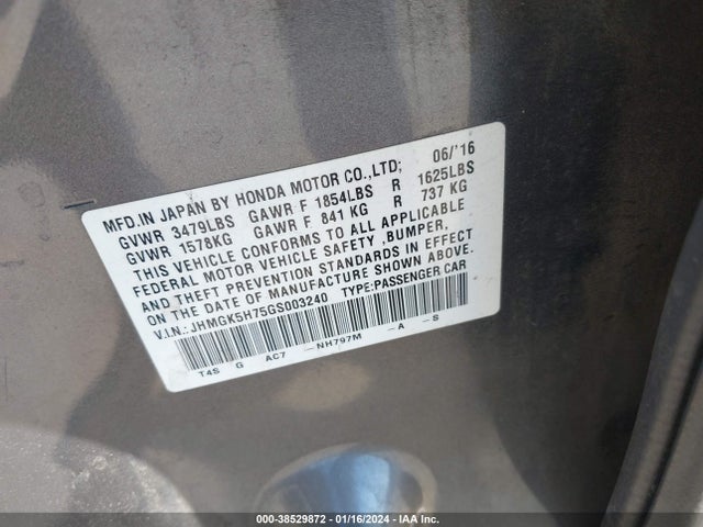 Honda FIT EX 2016 JHMGK5H75GS003240 Image 9