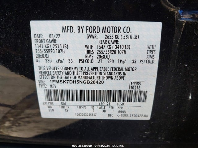 Ford EXPLORER XLT 2022 1FMSK7DH5NGB28420 Image 9