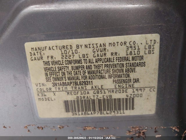 2011 NISSAN SENTRA 2.0S VIN: 3N1AB6AP7BL629311