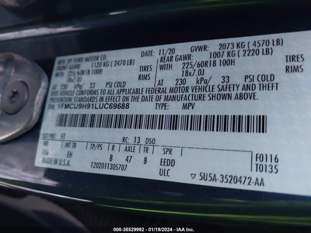 Ford ESCAPE SEL 2020 1FMCU9H91LUC69688 Image 9