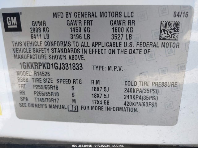 GMC Acadia Sle-2 2016 1GKKRPKD1GJ331833 Image 9