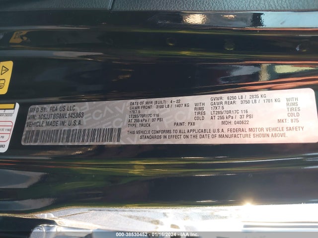 Jeep Gladiator Rubicon 4x4 2022 1C6JJTBG8NL145863 Image 9