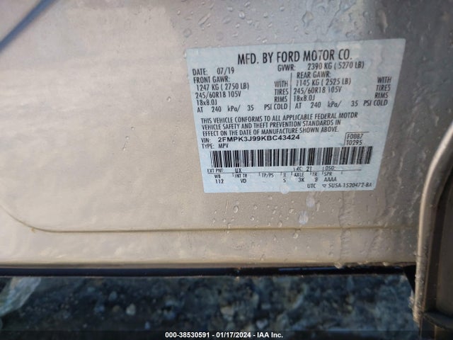 2019 FORD EDGE SEL VIN: 2FMPK3J99KBC43424