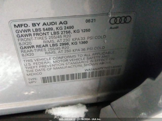 2021 AUDI Q5 SPORTBACK WA14AAFY7M2140083 Photo 8