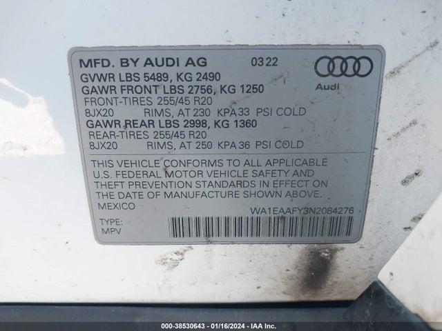 WA1EAAFY3N2084276 Audi Q5 Premium Plus 45 Tfsi S Line Quattro S Tronic