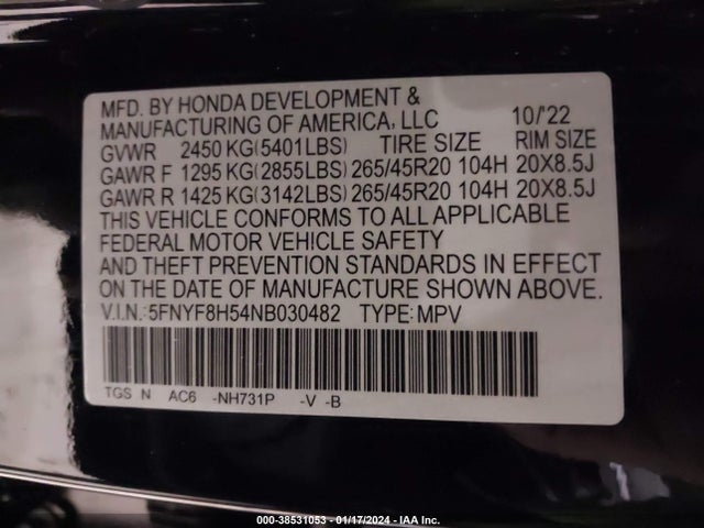 Honda Passport Awd Ex-l 2022 5FNYF8H54NB030482 Image 9