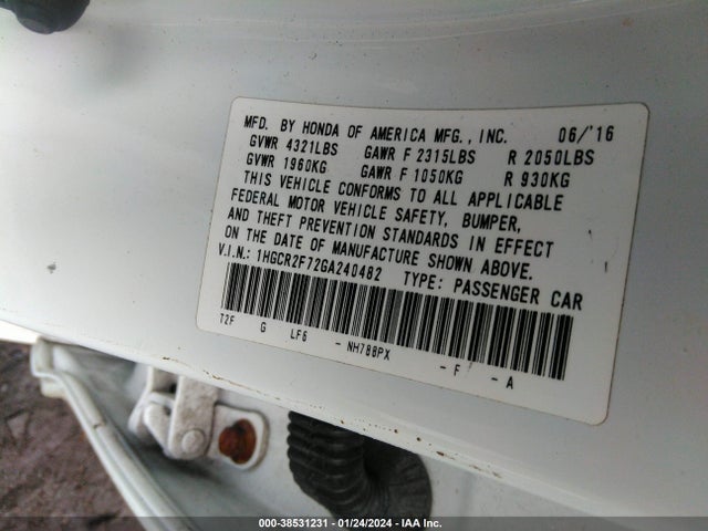 Honda ACCORD EX 2016 1HGCR2F72GA240482 Image 9