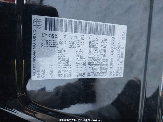 2019 NISSAN PATHFINDER SL VIN: 5N1DR2MM4KC607869